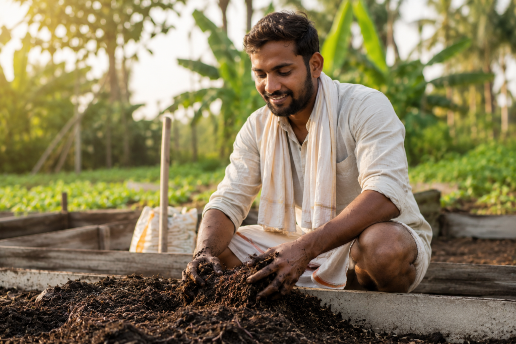 farmer preparing vermi compost