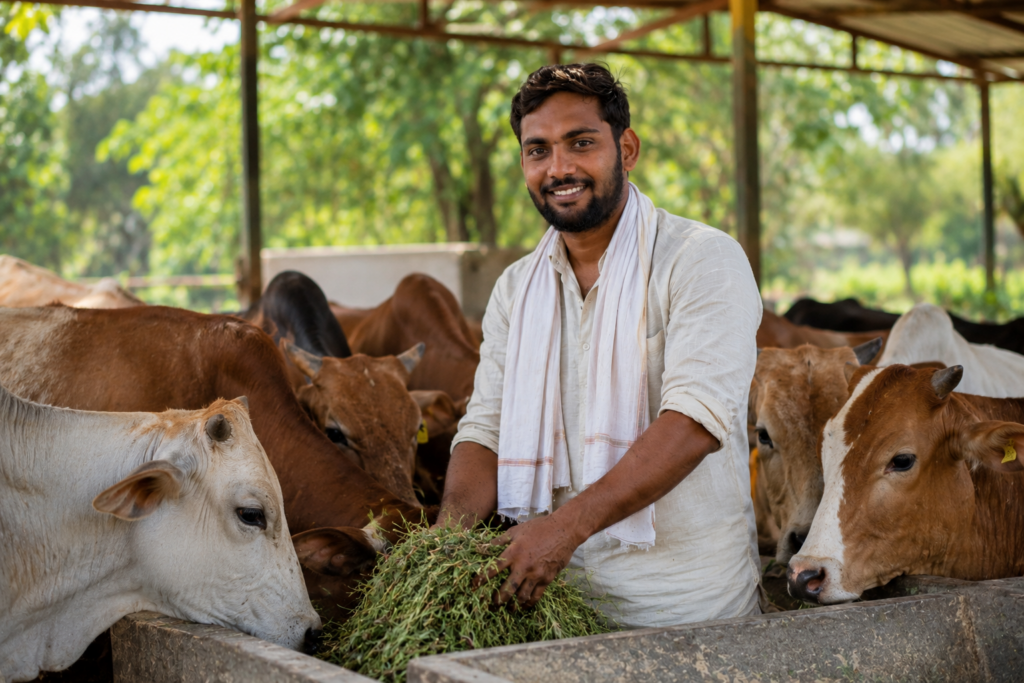 Farmer feeding grass to the cows